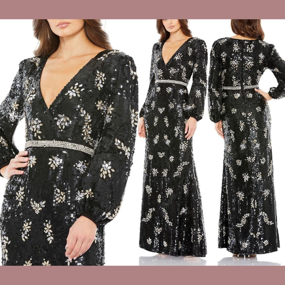NWT $1598 Mac Duggal [ 8 ] 93616 Embellished Wrap Over Bishop Sleeve Gown‎ Black